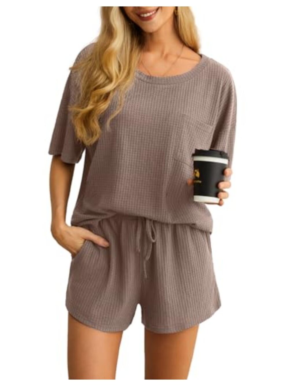 Waffle Knit Pajama Set Short Sleeve Crew Neck Top & Shorts Loungewear